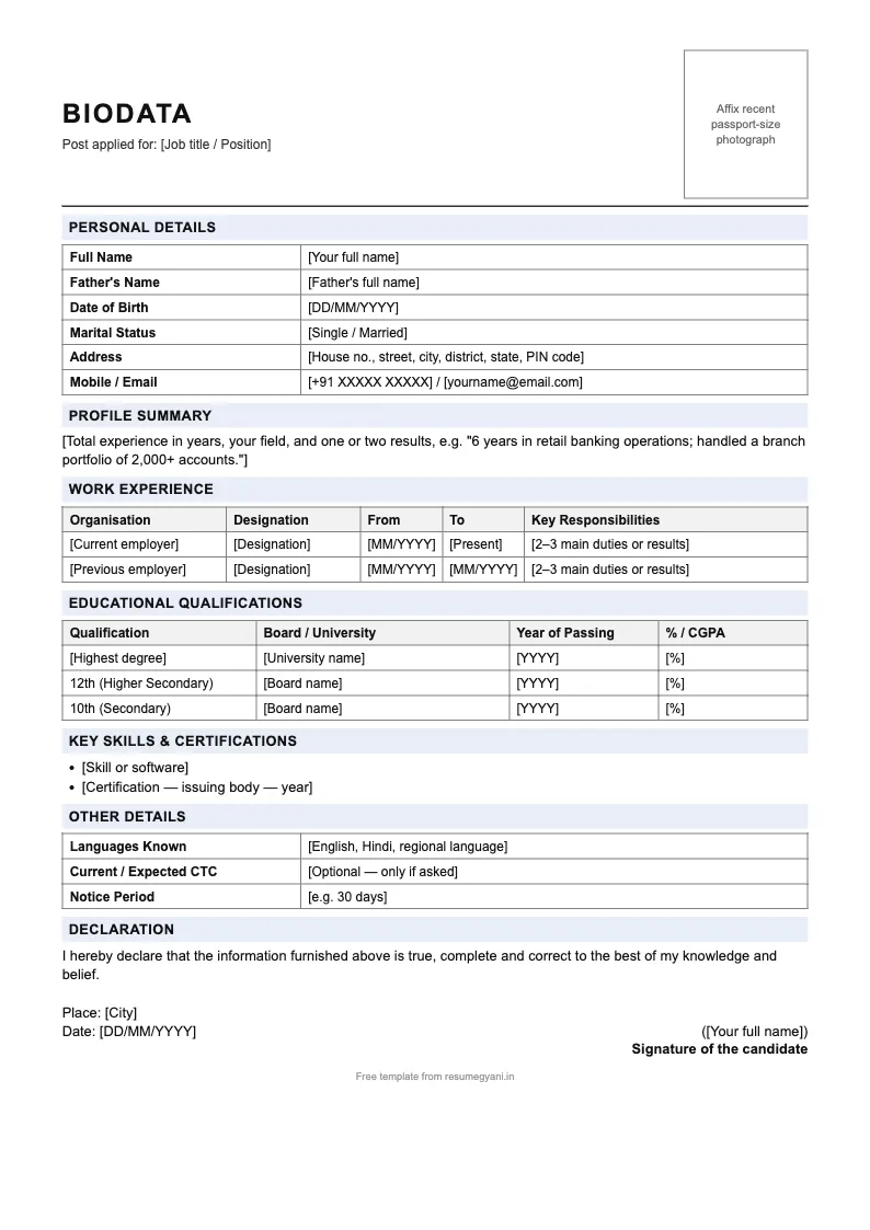 Biodata for experienced candidates — biodata format preview with photo box, personal details and education table