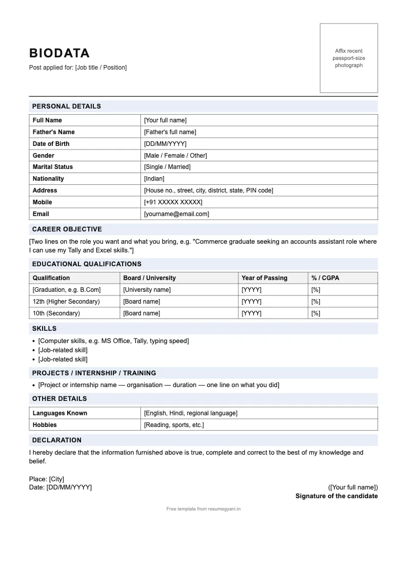 Simple biodata for freshers — biodata format preview with photo box, personal details and education table