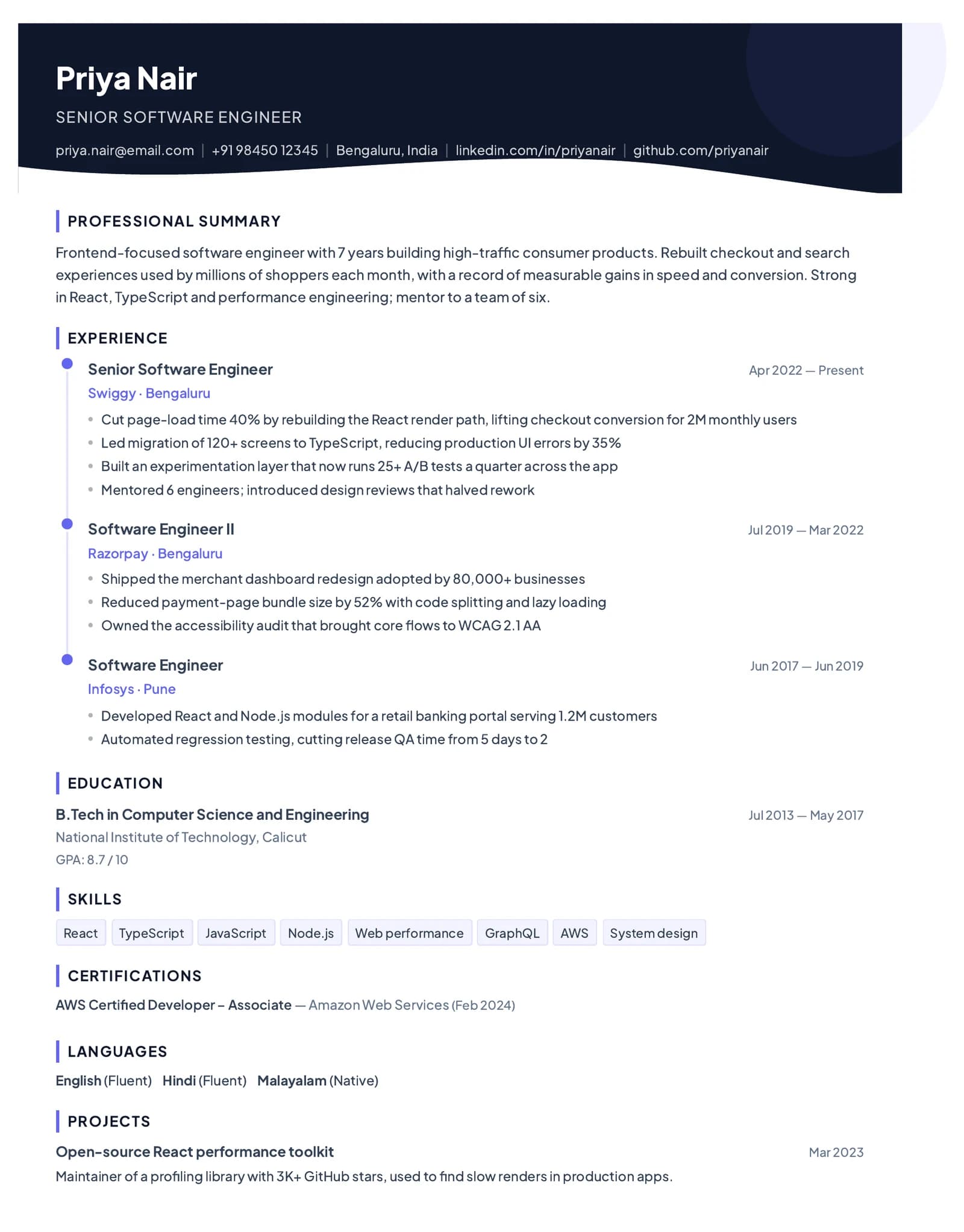 A one-page résumé for a senior software engineer, built with ResumeGyani's Iconic template