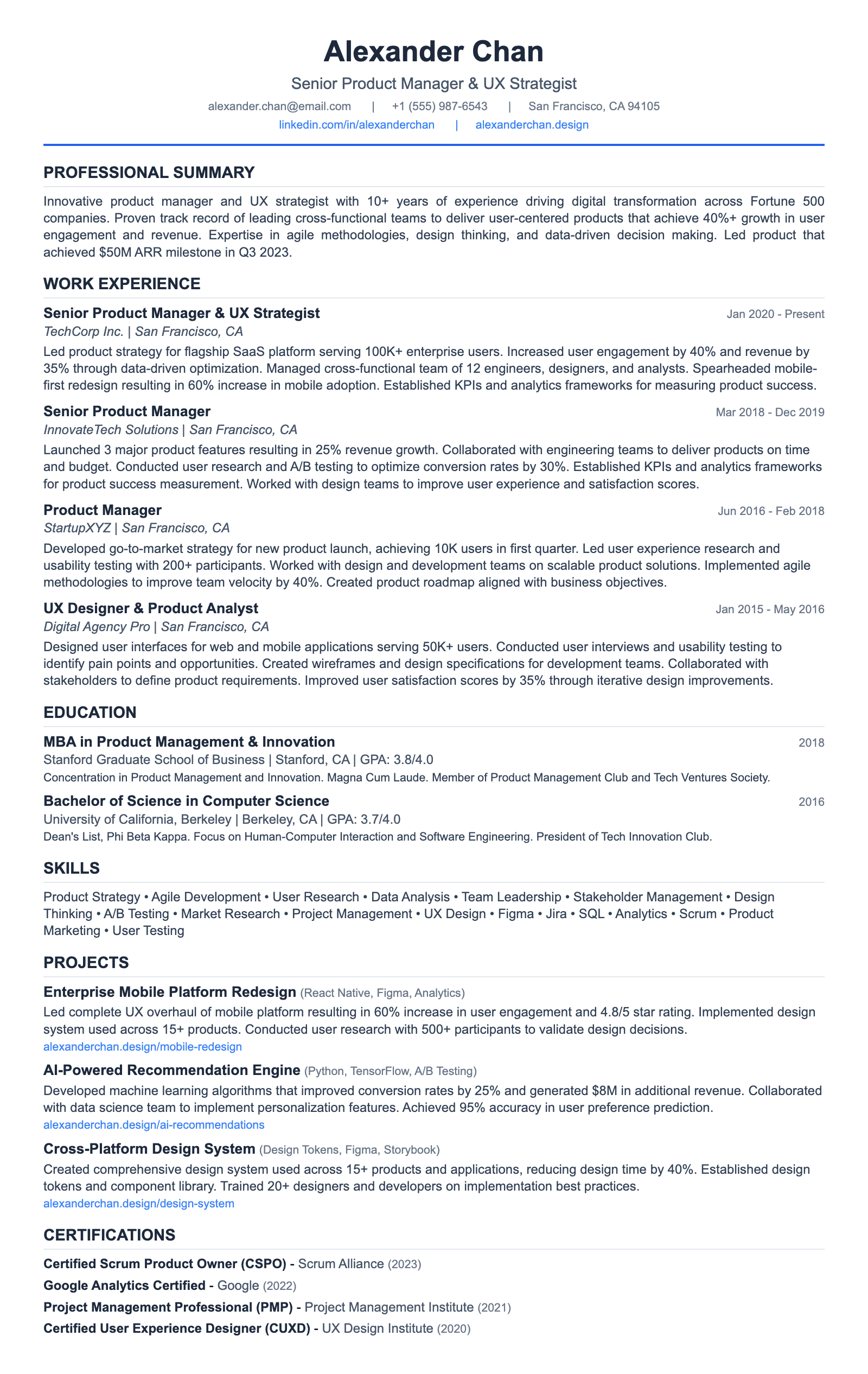 One-Pager: Classic Professional résumé template preview