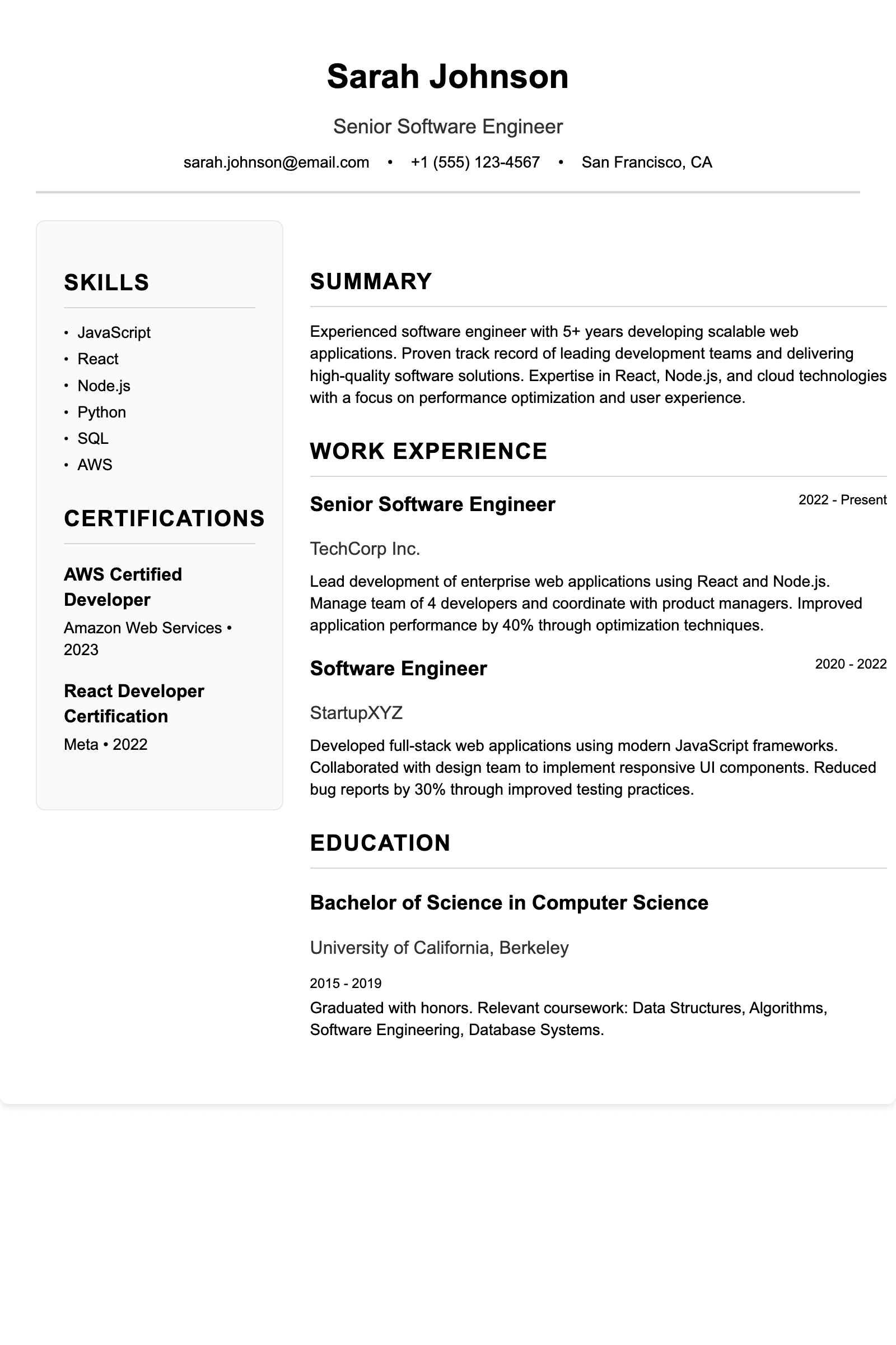 ATS Two-Column Standard résumé template preview