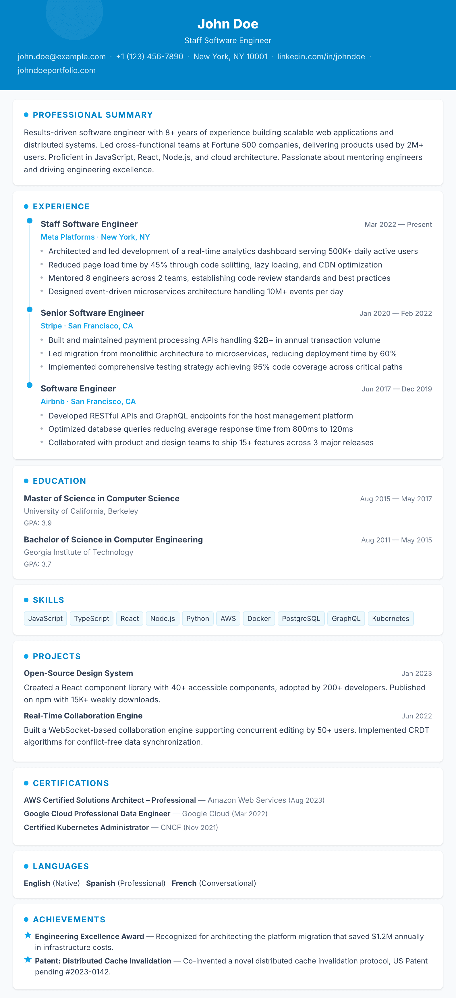 Cards résumé template preview