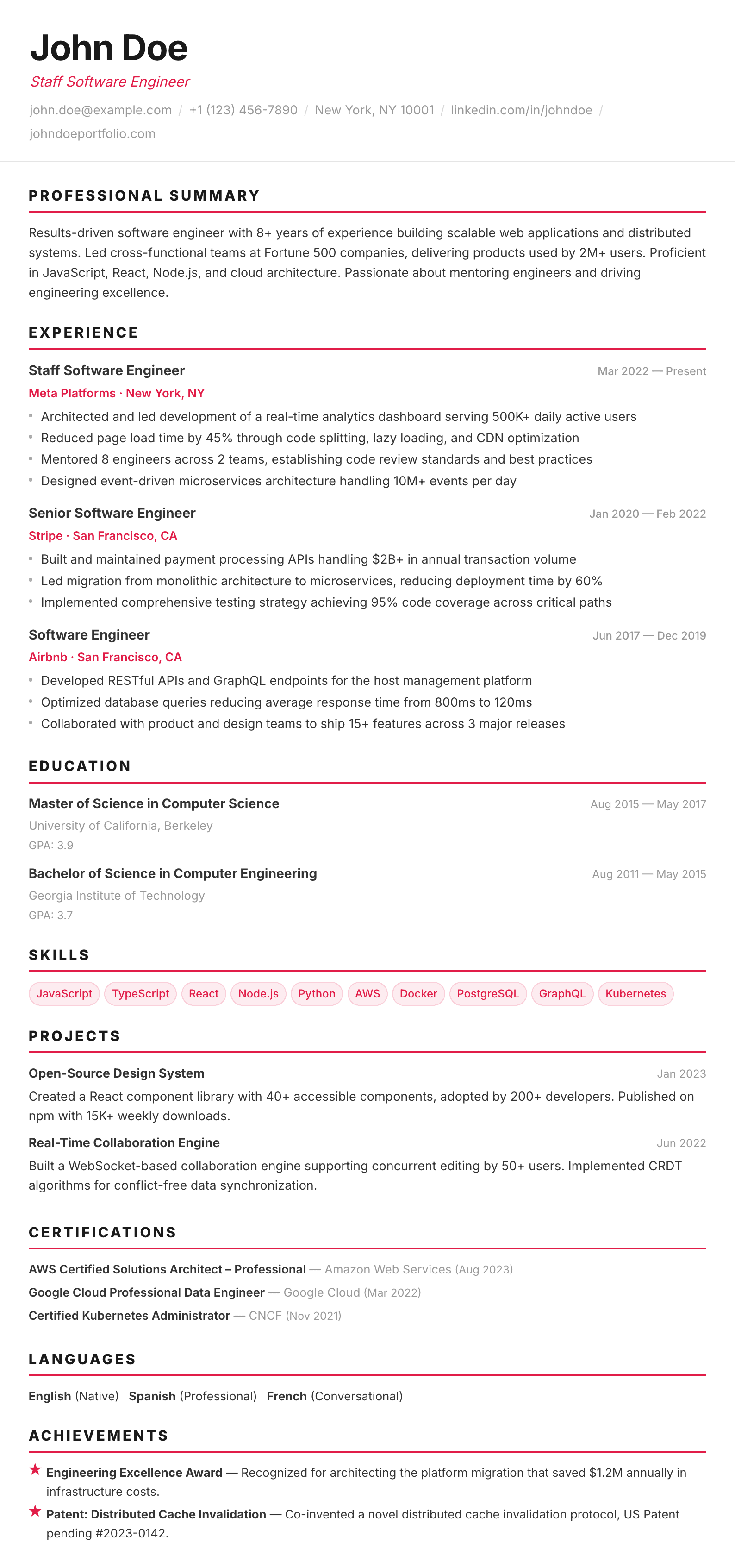 Milan résumé template preview