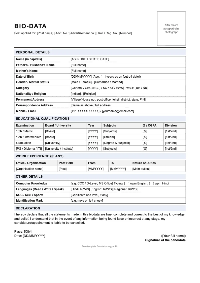 Sarkari / government job biodata — biodata format preview with photo box, personal details and education table