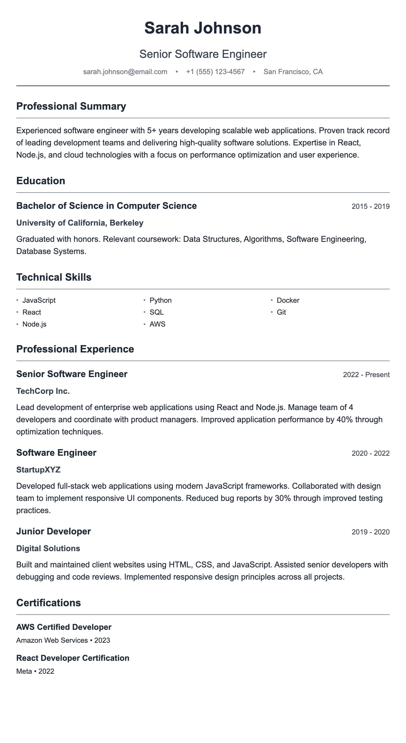 Fresher Standard résumé template